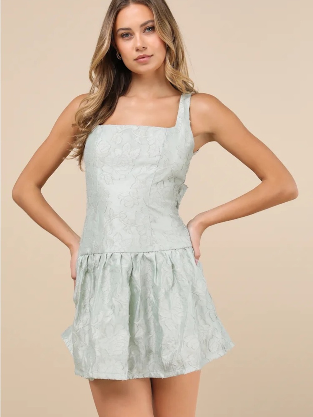 NWT Sz M Lulus Exuberant Elegance Light Mint Jacquard Drop Waist Mini Dress